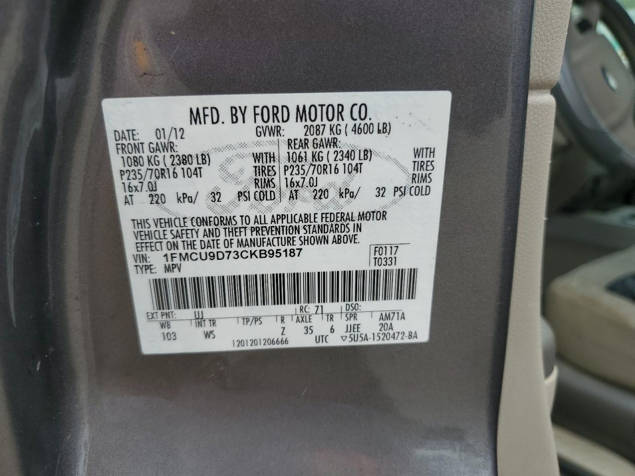 1FMCU9D73CKB95187 2012 Ford Escape Xlt