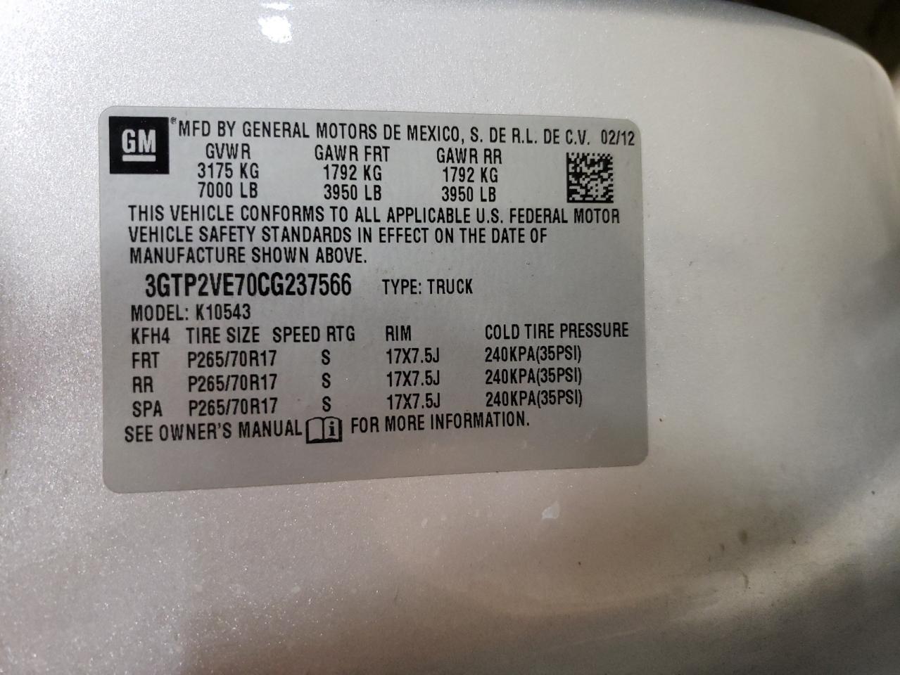 3GTP2VE70CG237566 2012 GMC Sierra K1500 Sle