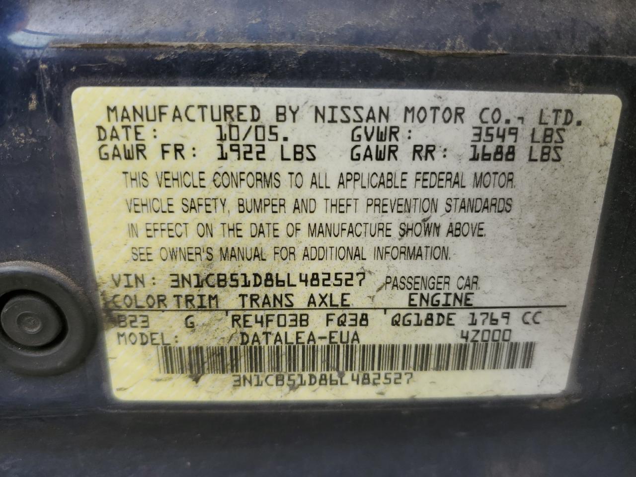 3N1CB51D86L482527 2006 Nissan Sentra 1.8
