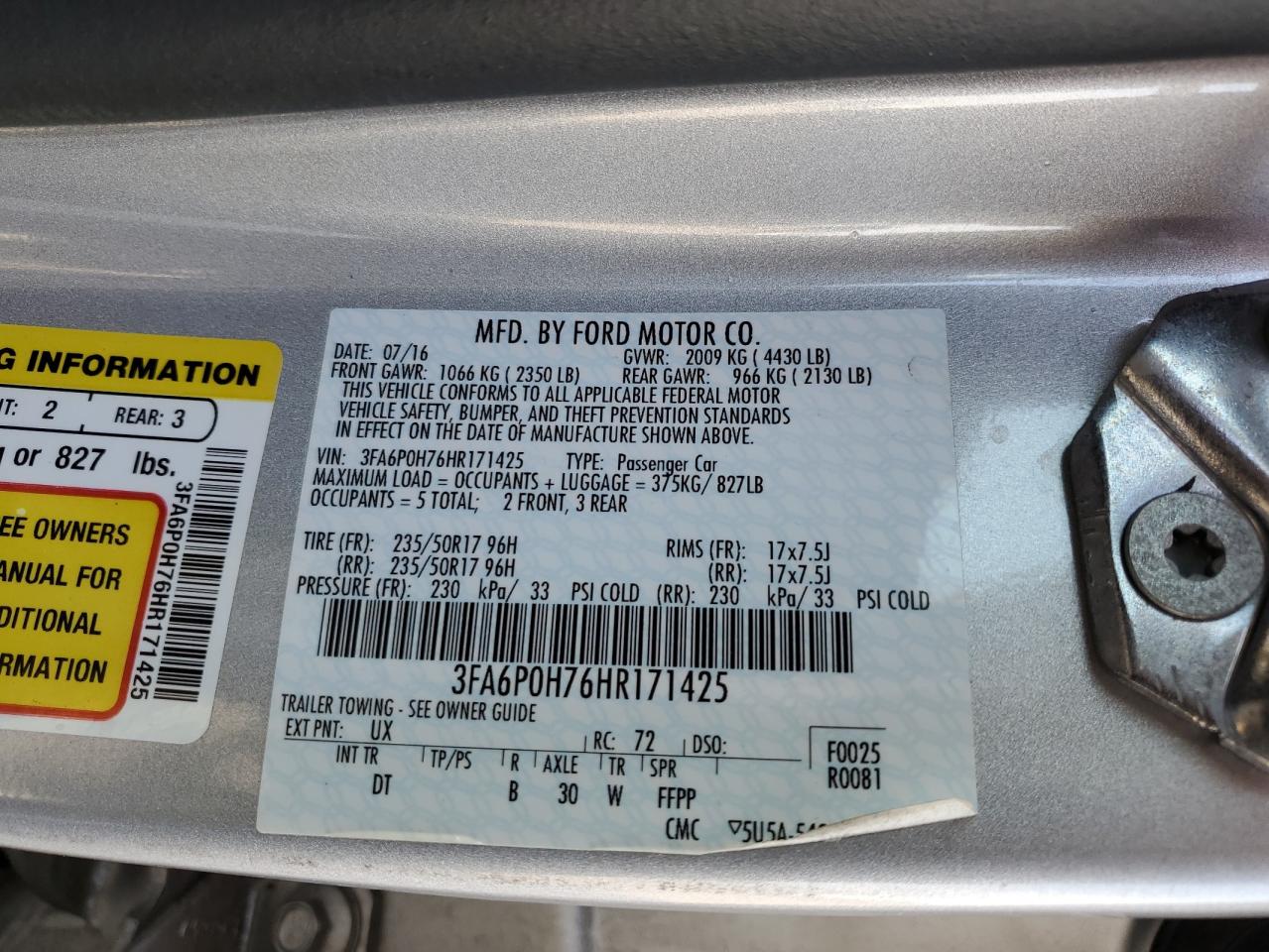 3FA6P0H76HR171425 FORD FUSION 2017