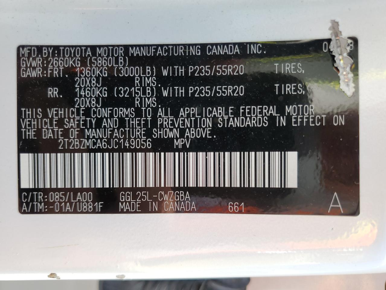 2T2BZMCA6JC149056 2018 Lexus Rx 350 Base