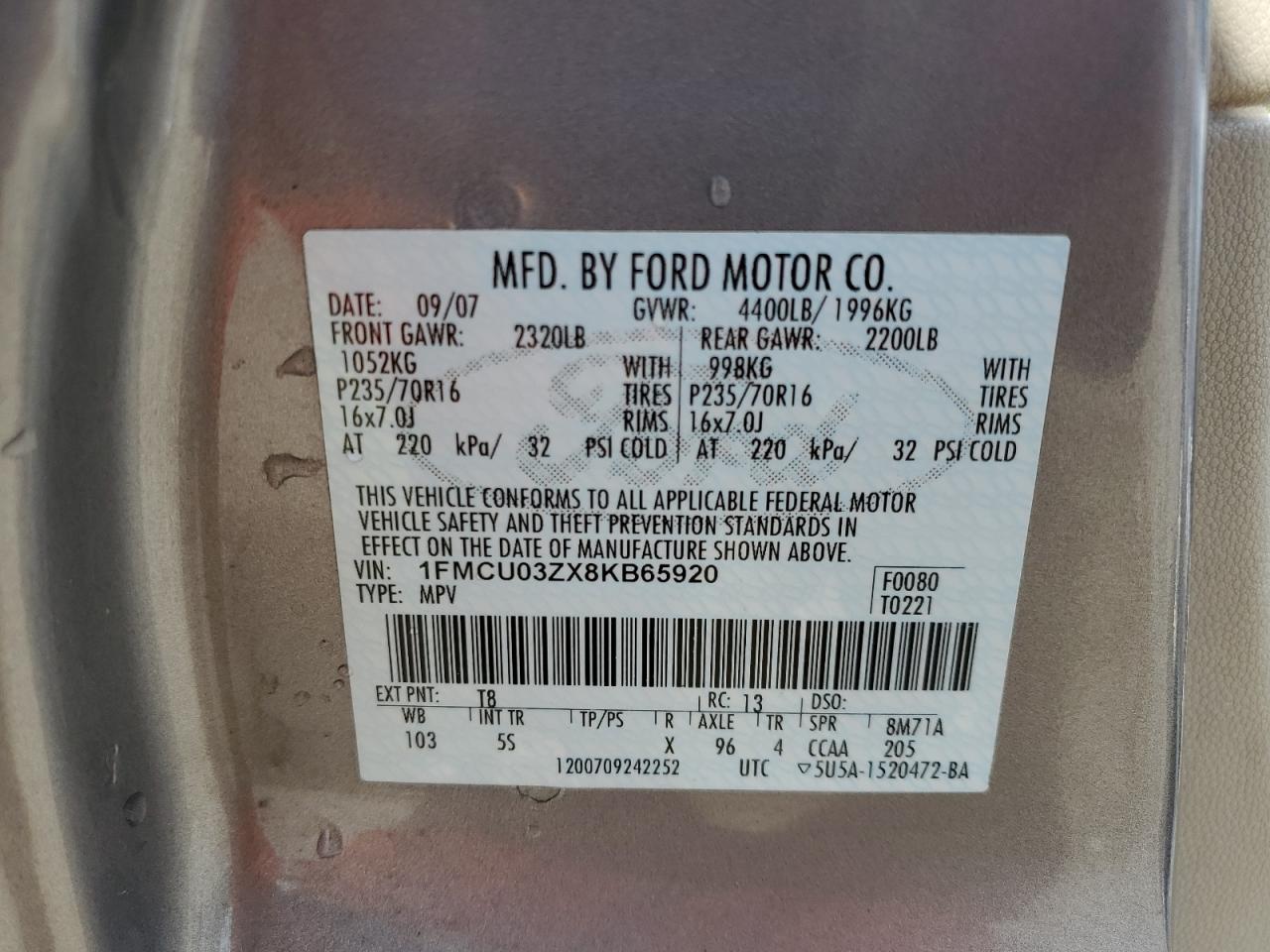 1FMCU03ZX8KB65920 2008 Ford Escape Xlt