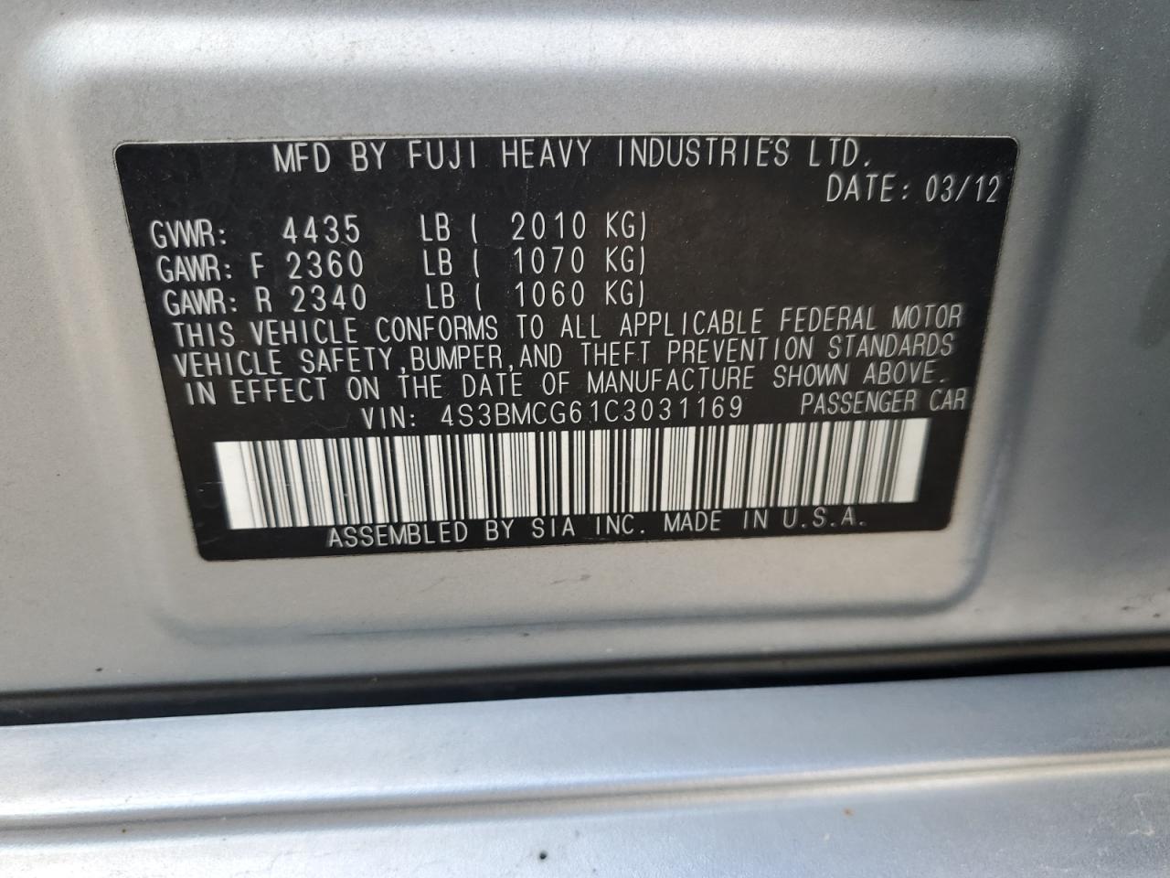 4S3BMCG61C3031169 2012 Subaru Legacy 2.5I Premium