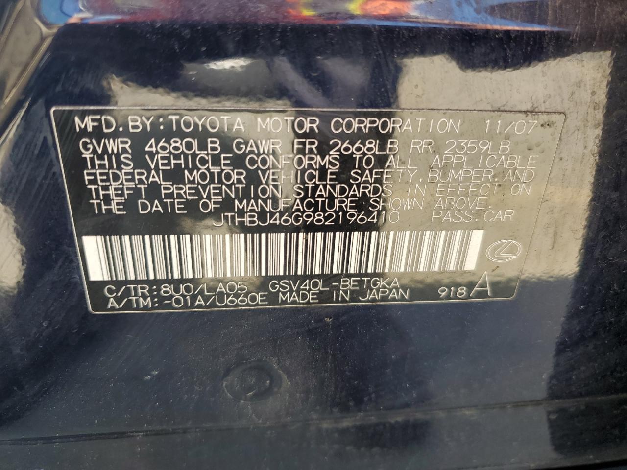 JTHBJ46G982196410 2008 Lexus Es 350