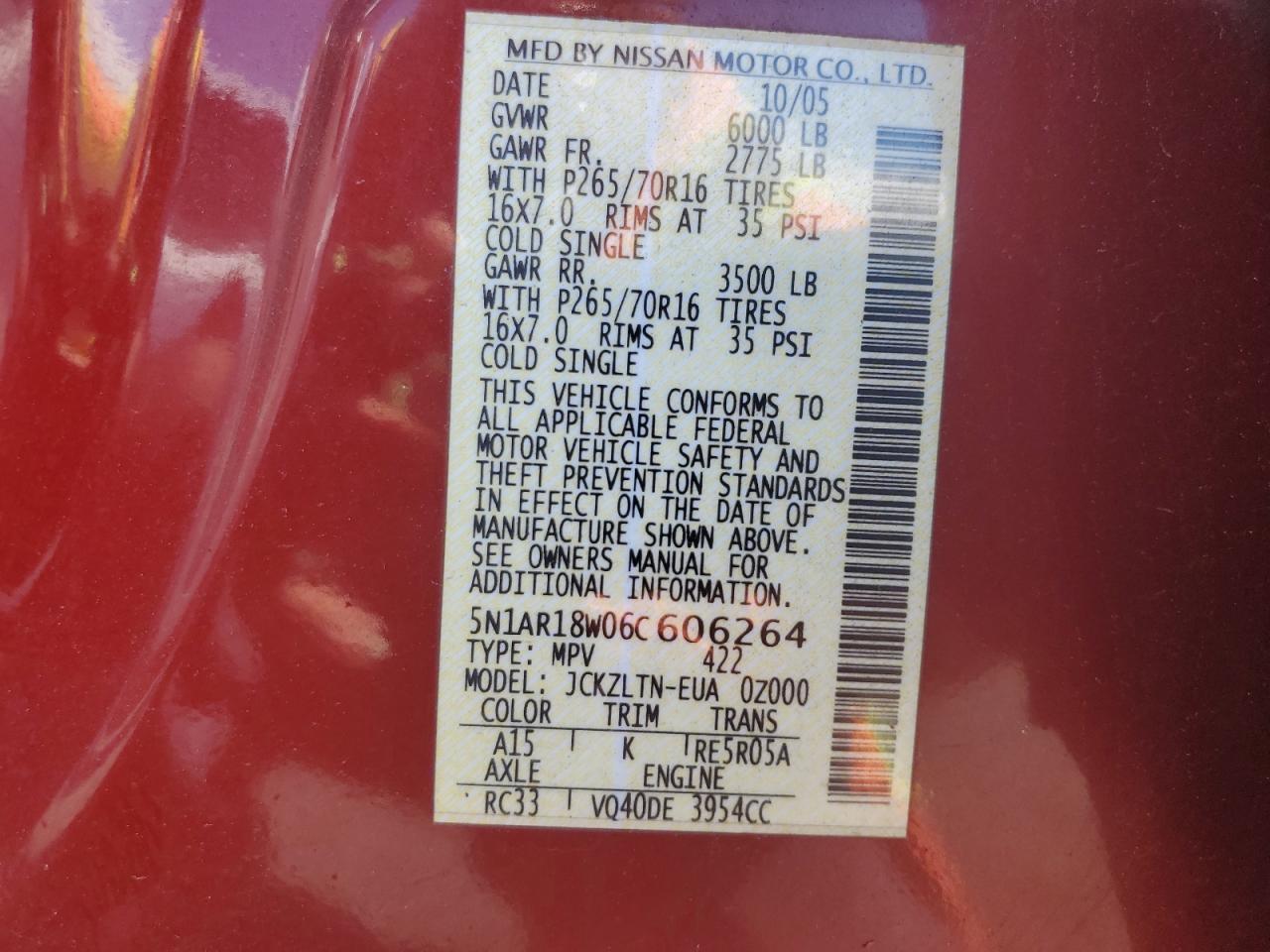 5N1AR18W06C606264 2006 Nissan Pathfinder Le