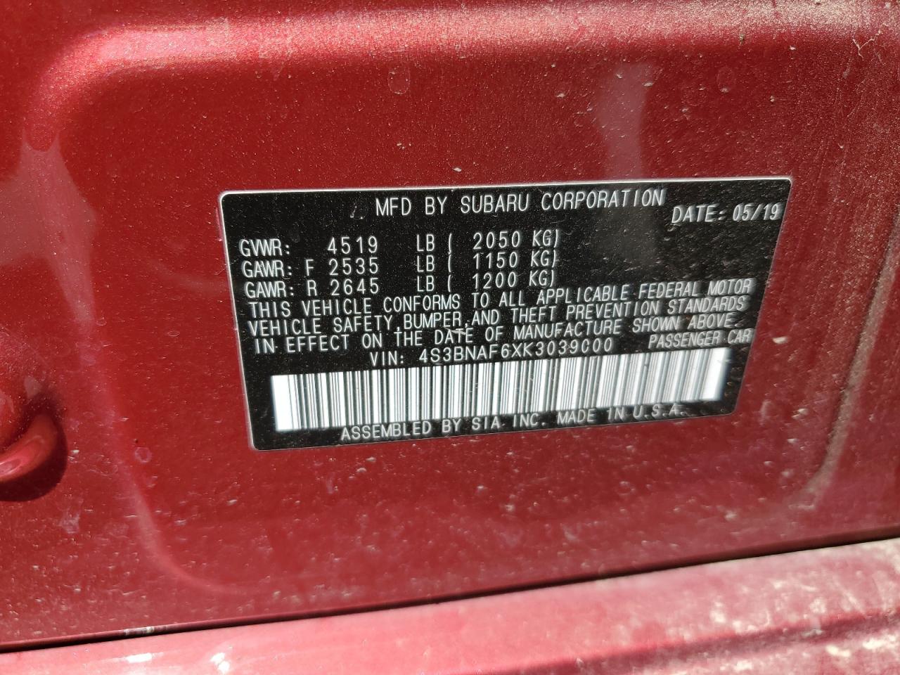 4S3BNAF6XK3039000 2019 Subaru Legacy 2.5I Premium