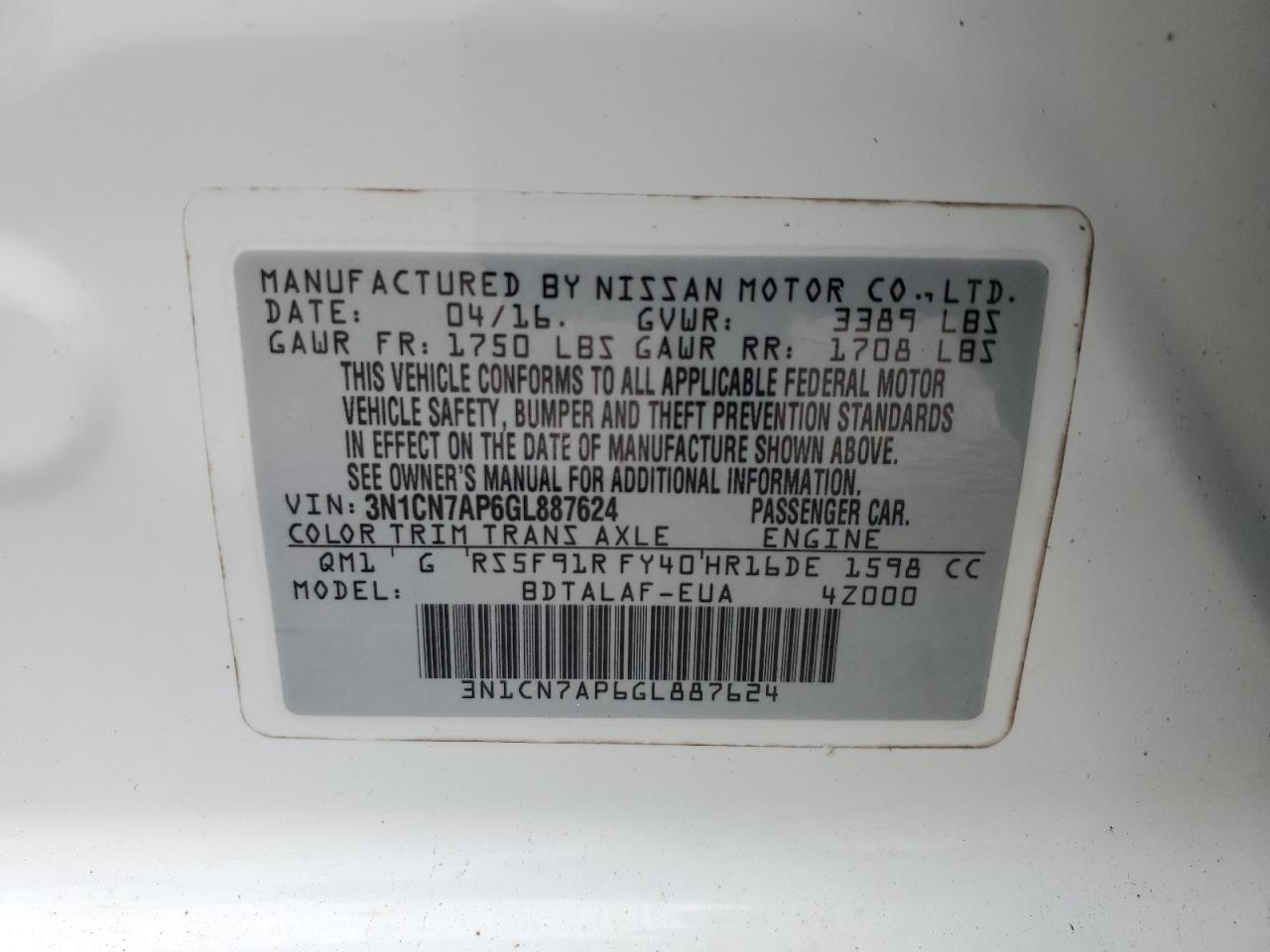 3N1CN7AP6GL887624 2016 Nissan Versa S