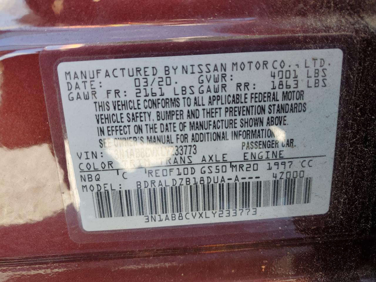 3N1AB8CVXLY233773 2020 Nissan Sentra Sv