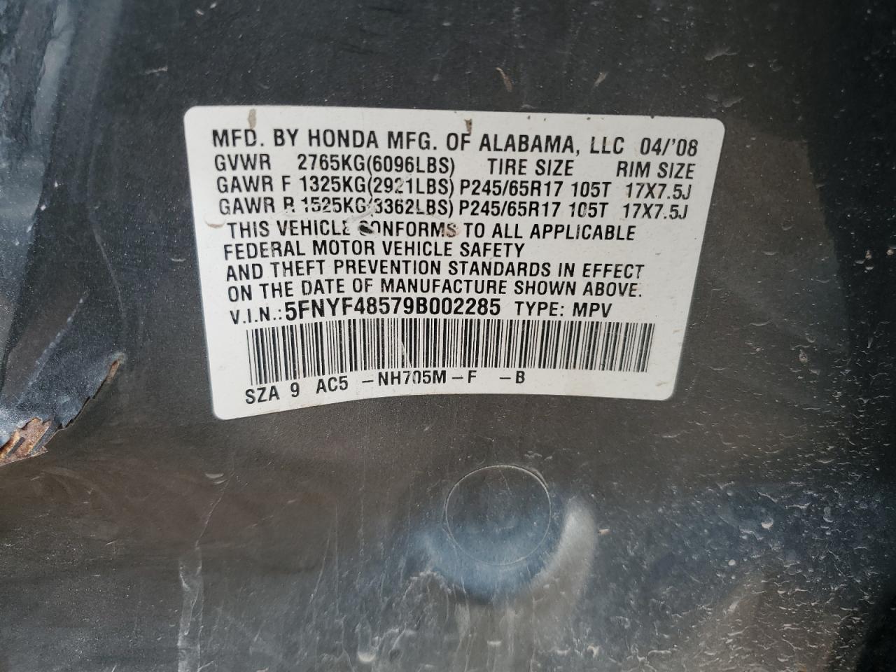5FNYF48579B002285 2009 Honda Pilot Exl