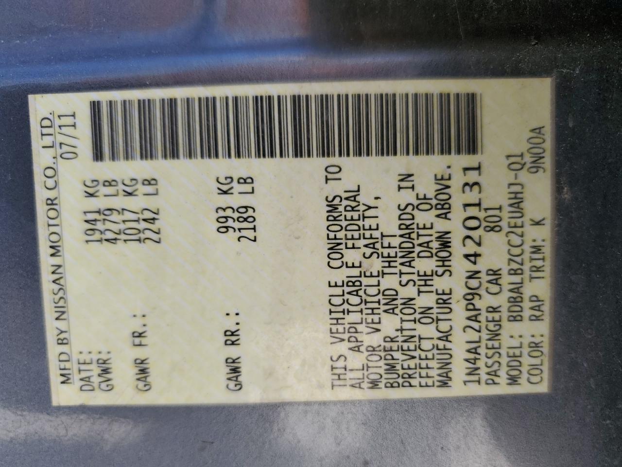 2012 Nissan Altima Base vin: 1N4AL2AP9CN420131