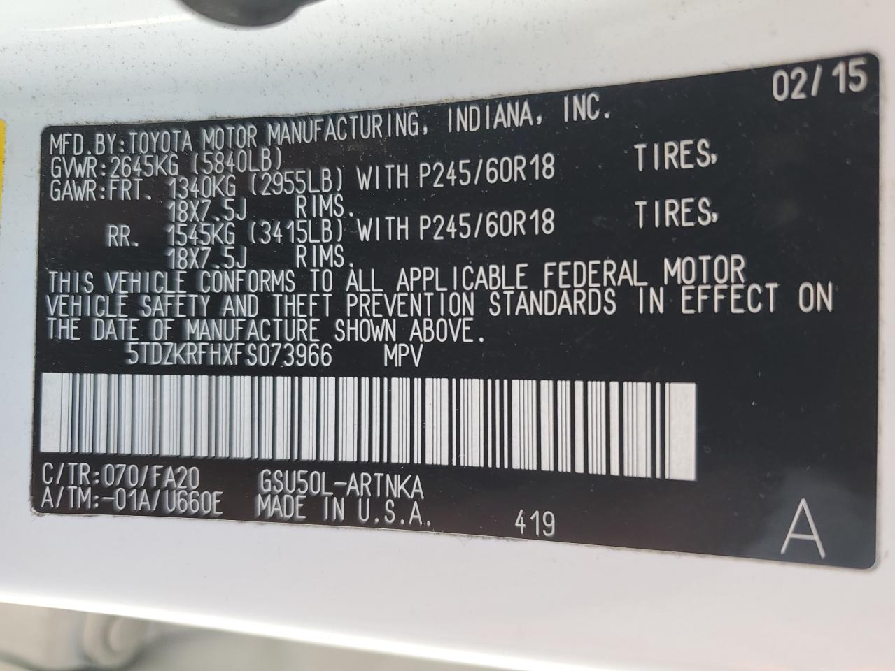 5TDZKRFHXFS073966 2015 Toyota Highlander Le