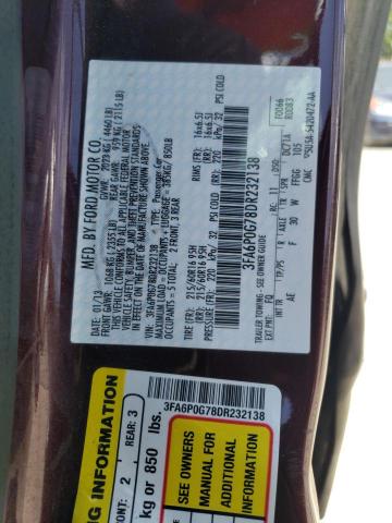 2013 Ford Fusion S VIN: 3FA6P0G78DR232138 Lot: 62089094