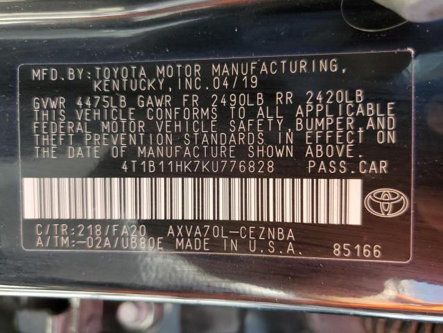 VIN 4T1B11HK7KU776828 2019 Toyota Camry, L no.13