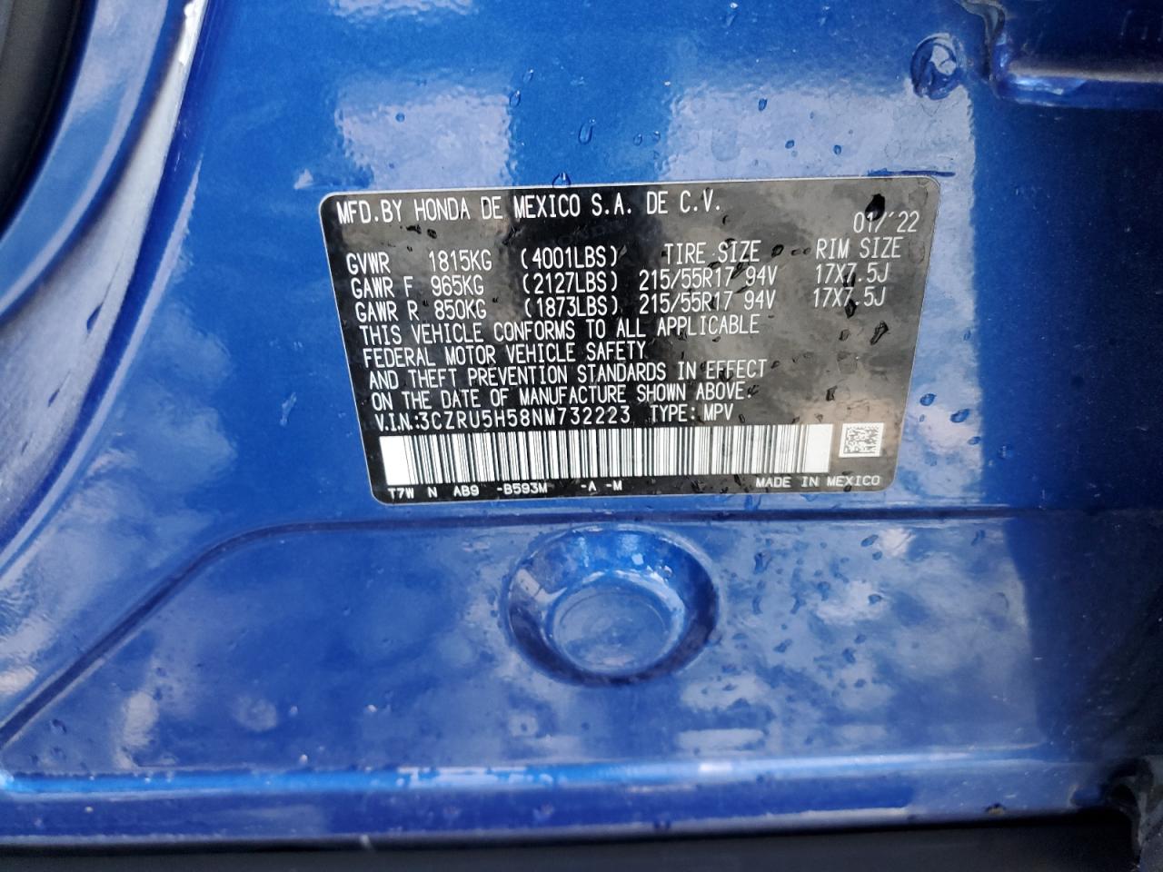 3CZRU5H58NM732223 2022 Honda Hr-V Ex