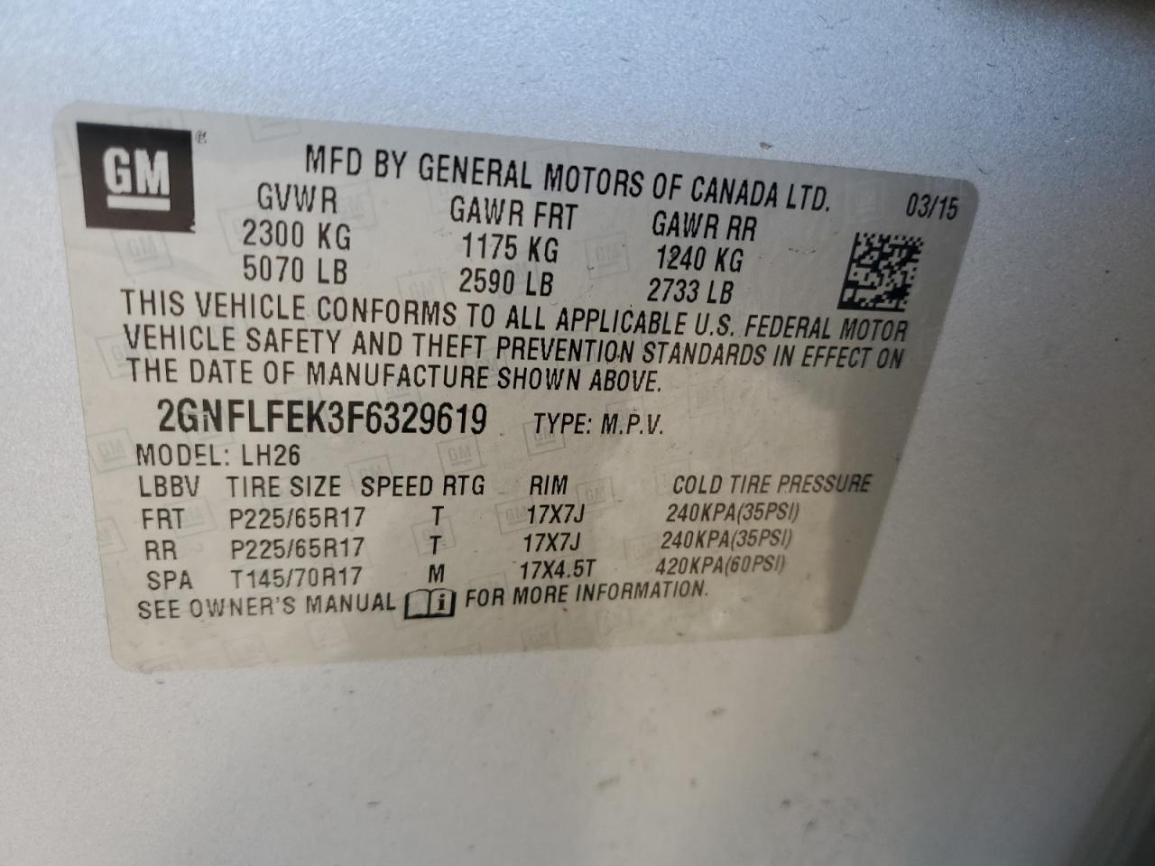 2015 Chevrolet Equinox Lt vin: 2GNFLFEK3F6329619