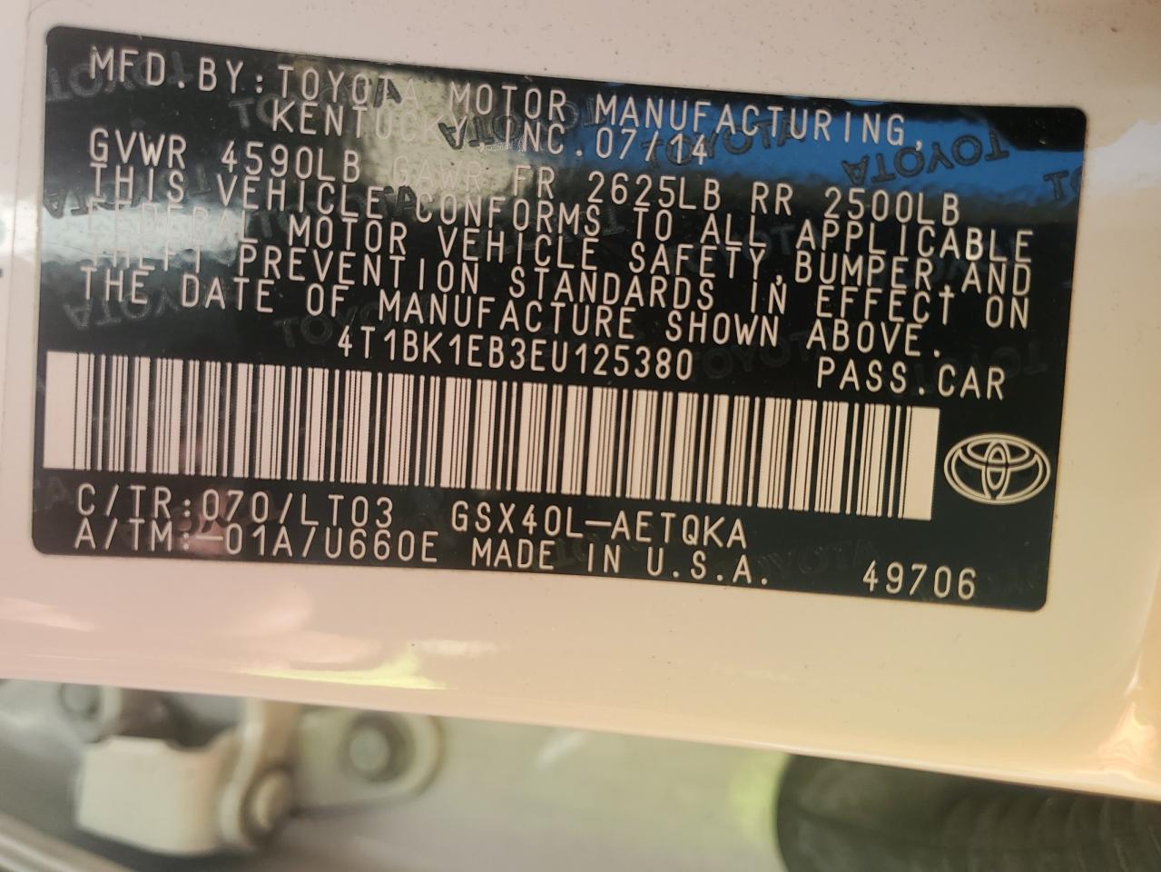 4T1BK1EB3EU125380 2014 Toyota Avalon Base