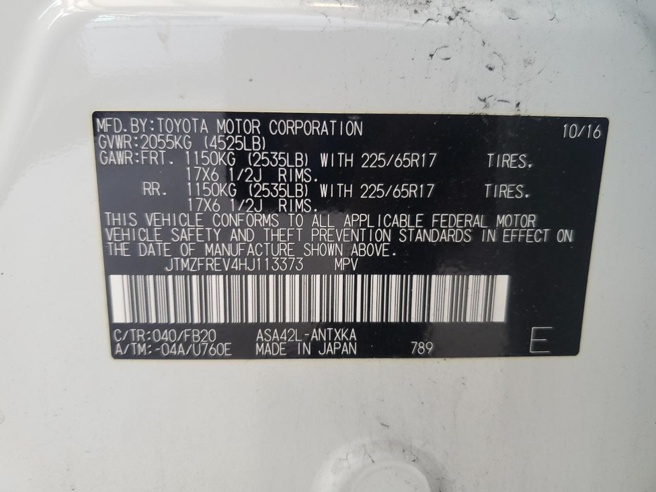 JTMZFREV4HJ113373 2017 Toyota Rav4 Le