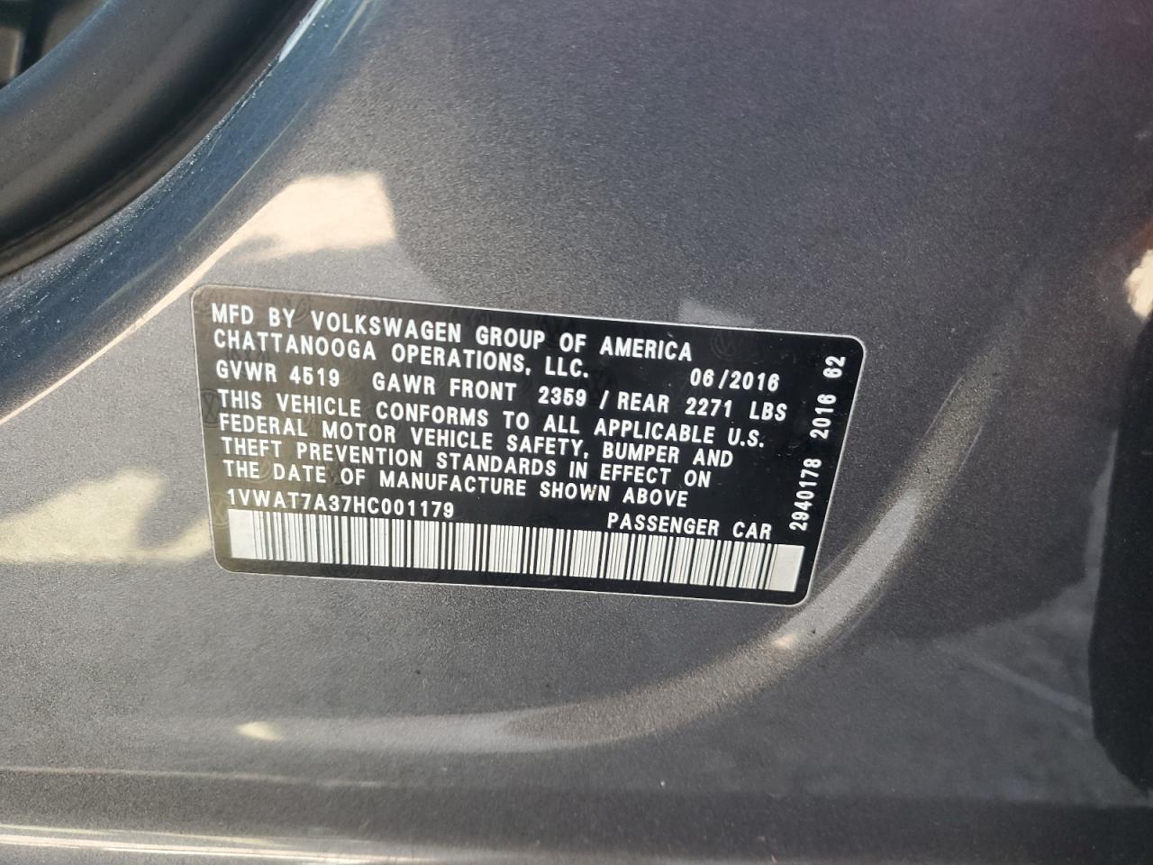 1VWAT7A37HC001179 2017 Volkswagen Passat S