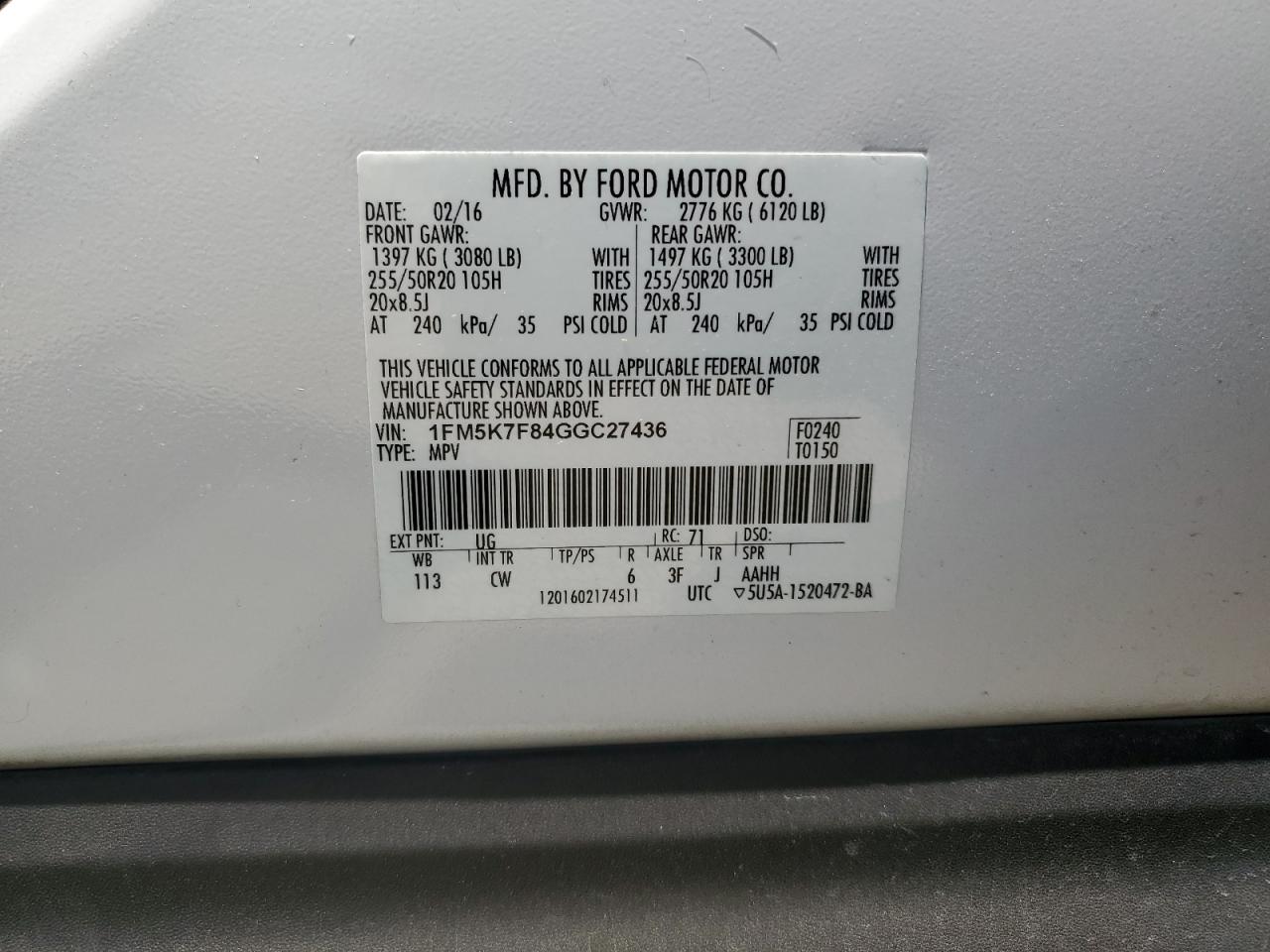 1FM5K7F84GGC27436 2016 Ford Explorer Limited