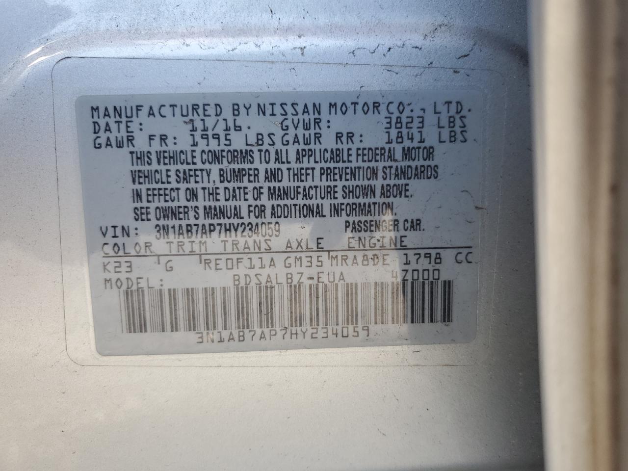 3N1AB7AP7HY234059 NISSAN SENTRA 2017