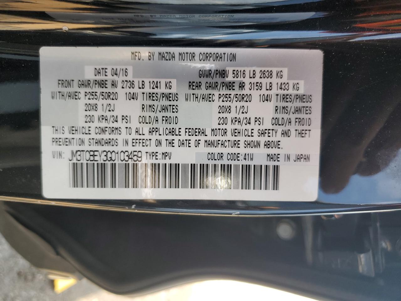 JM3TCBEY3G0103459 2016 Mazda Cx-9 Signature