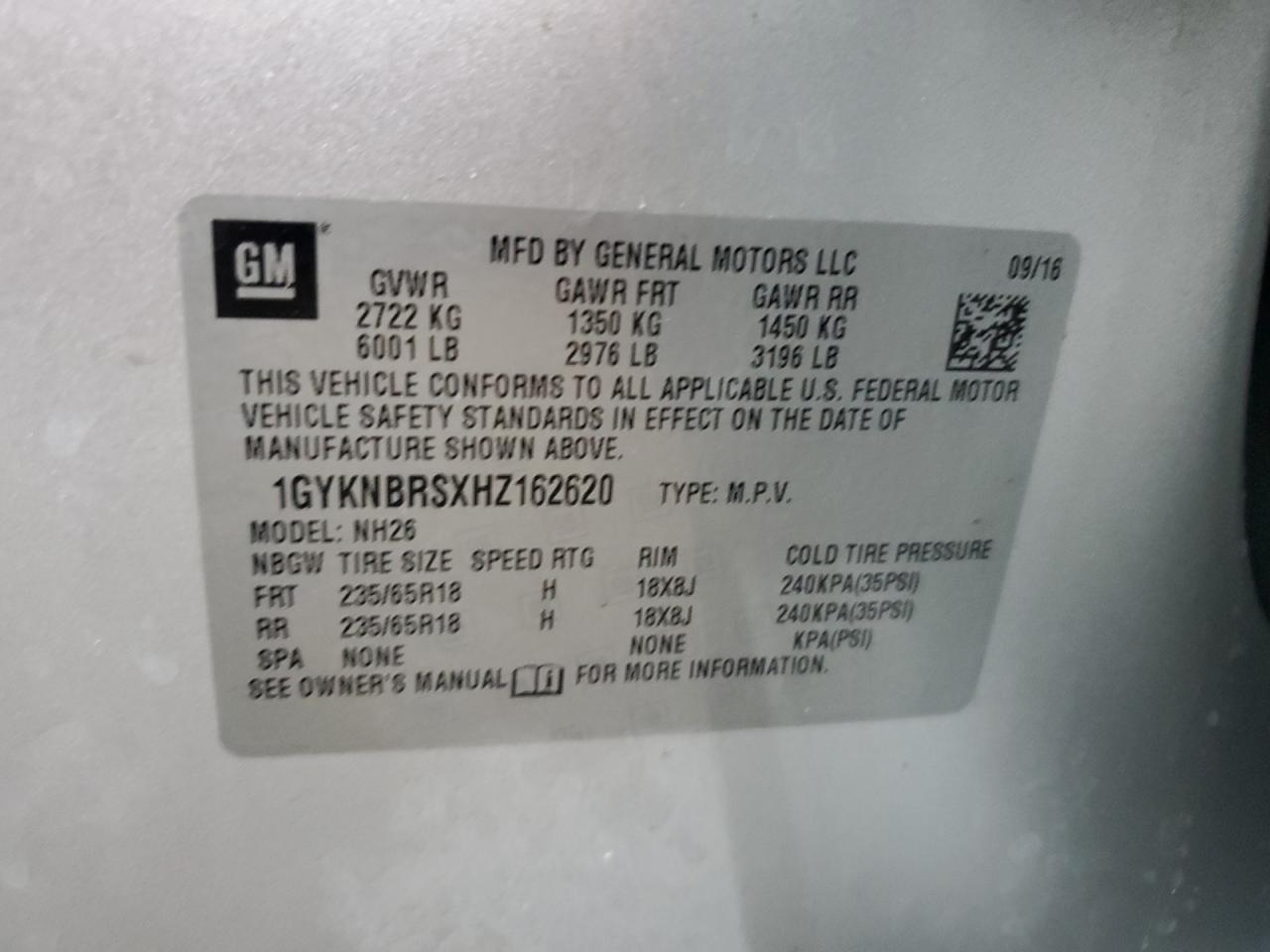 1GYKNBRSXHZ162620 2017 Cadillac Xt5 Luxury