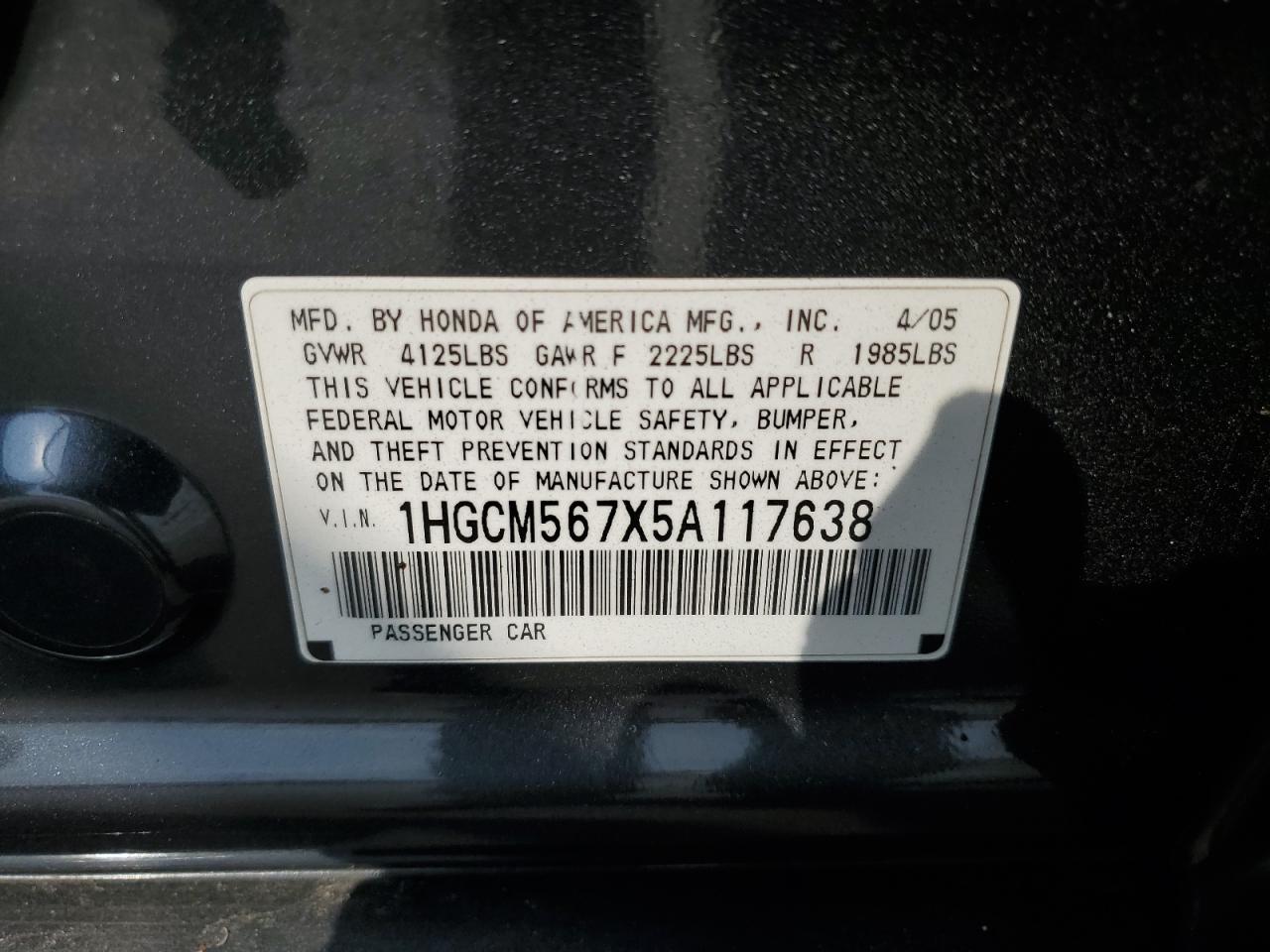 1HGCM567X5A117638 2005 Honda Accord Ex