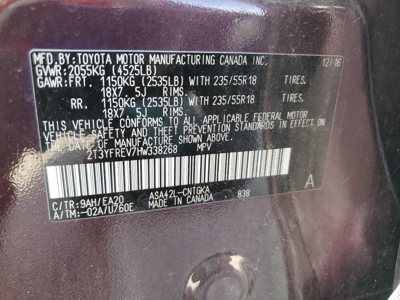 2T3YFREV7HW338268 TOYOTA RAV4 2017
