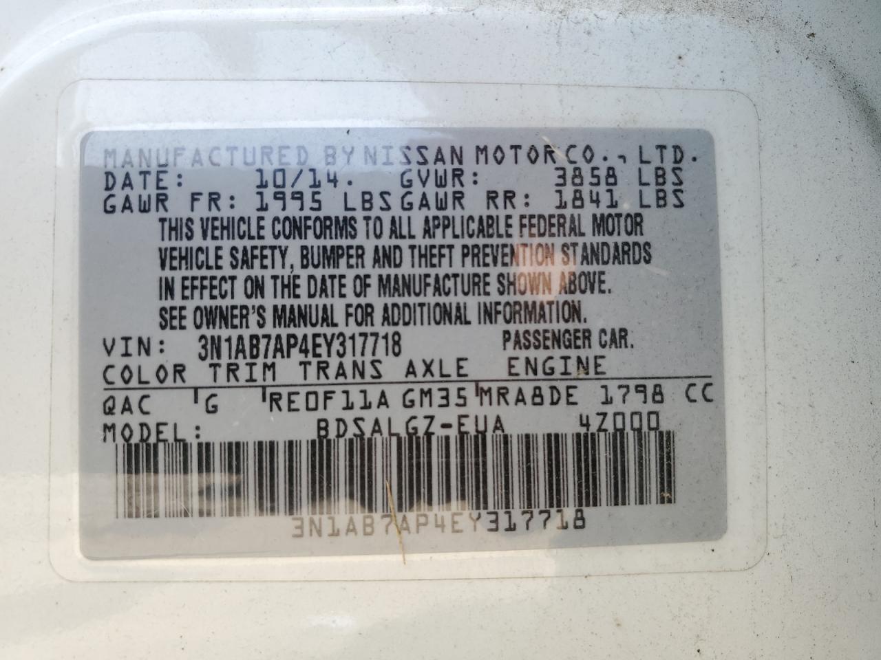 3N1AB7AP4EY317718 2014 Nissan Sentra S