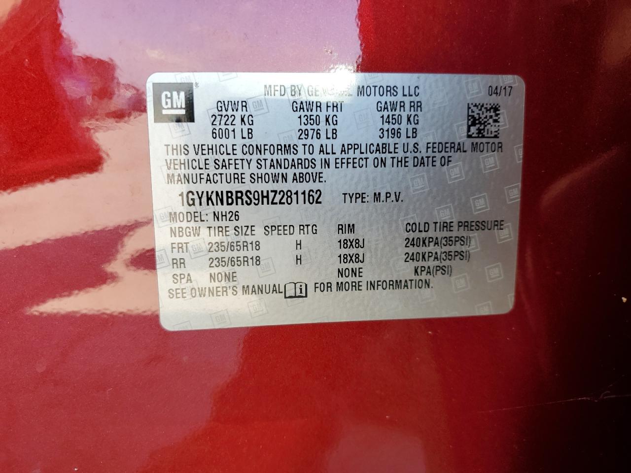 1GYKNBRS9HZ281162 2017 Cadillac Xt5 Luxury