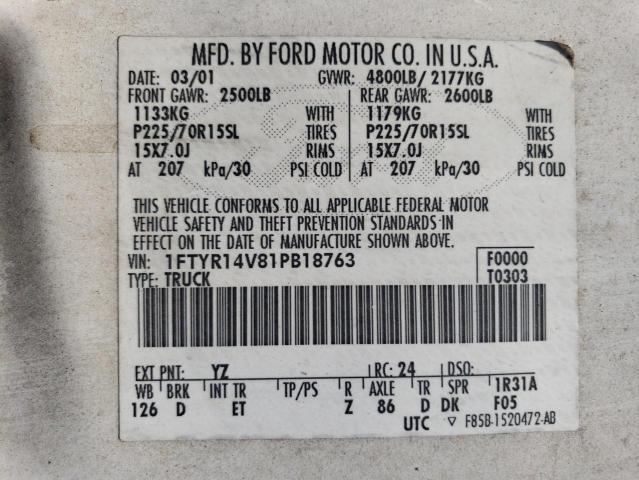 2001 Ford Ranger Super Cab VIN: 1FTYR14V81PB18763 Lot: 62512724