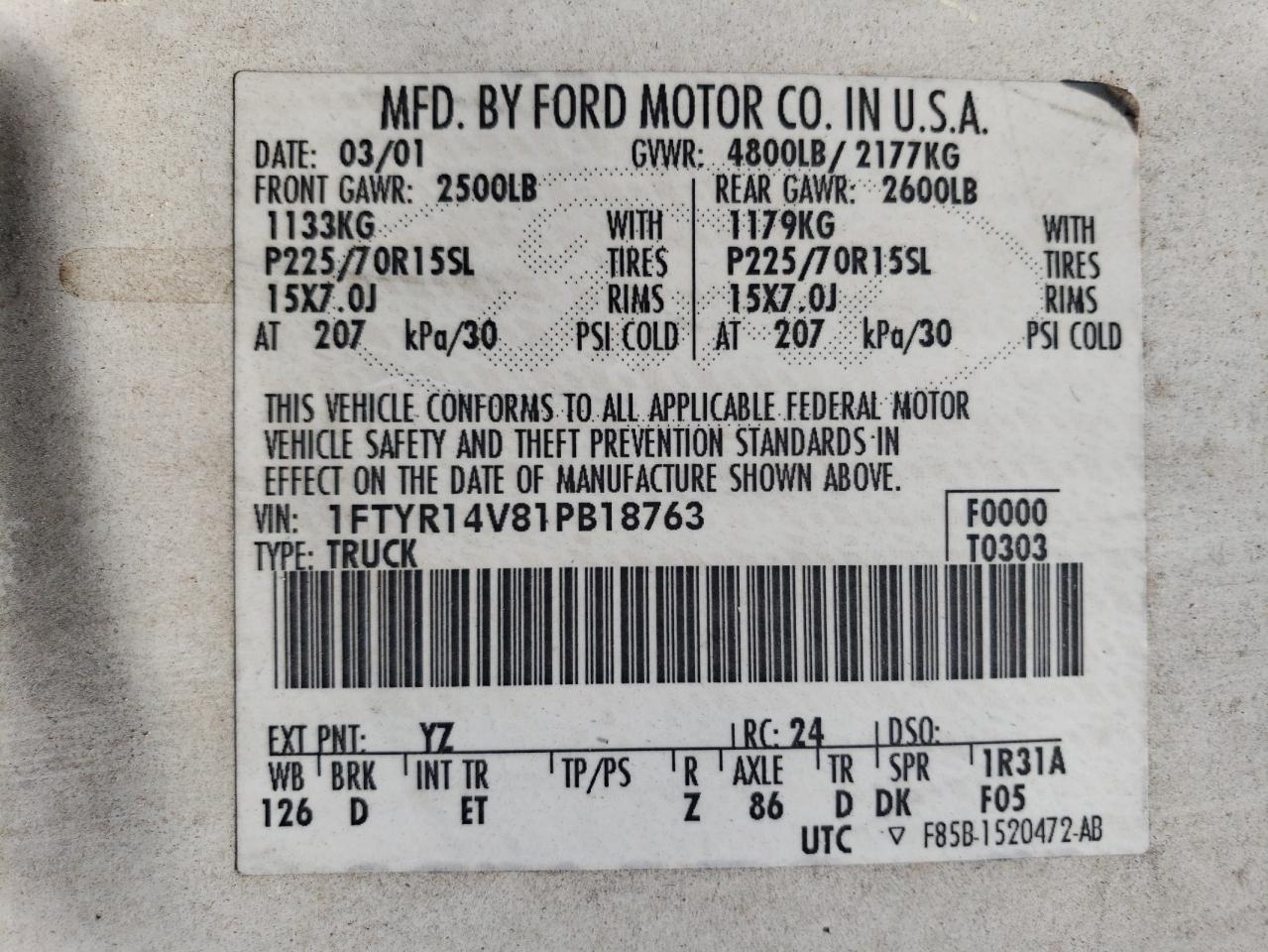 1FTYR14V81PB18763 2001 Ford Ranger Super Cab