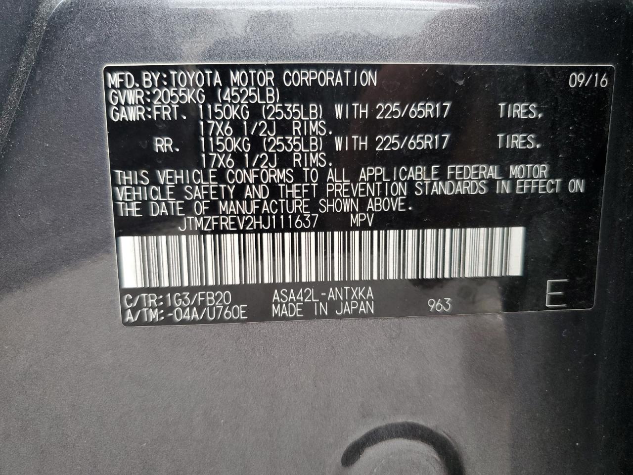 JTMZFREV2HJ111637 2017 Toyota Rav4 Le