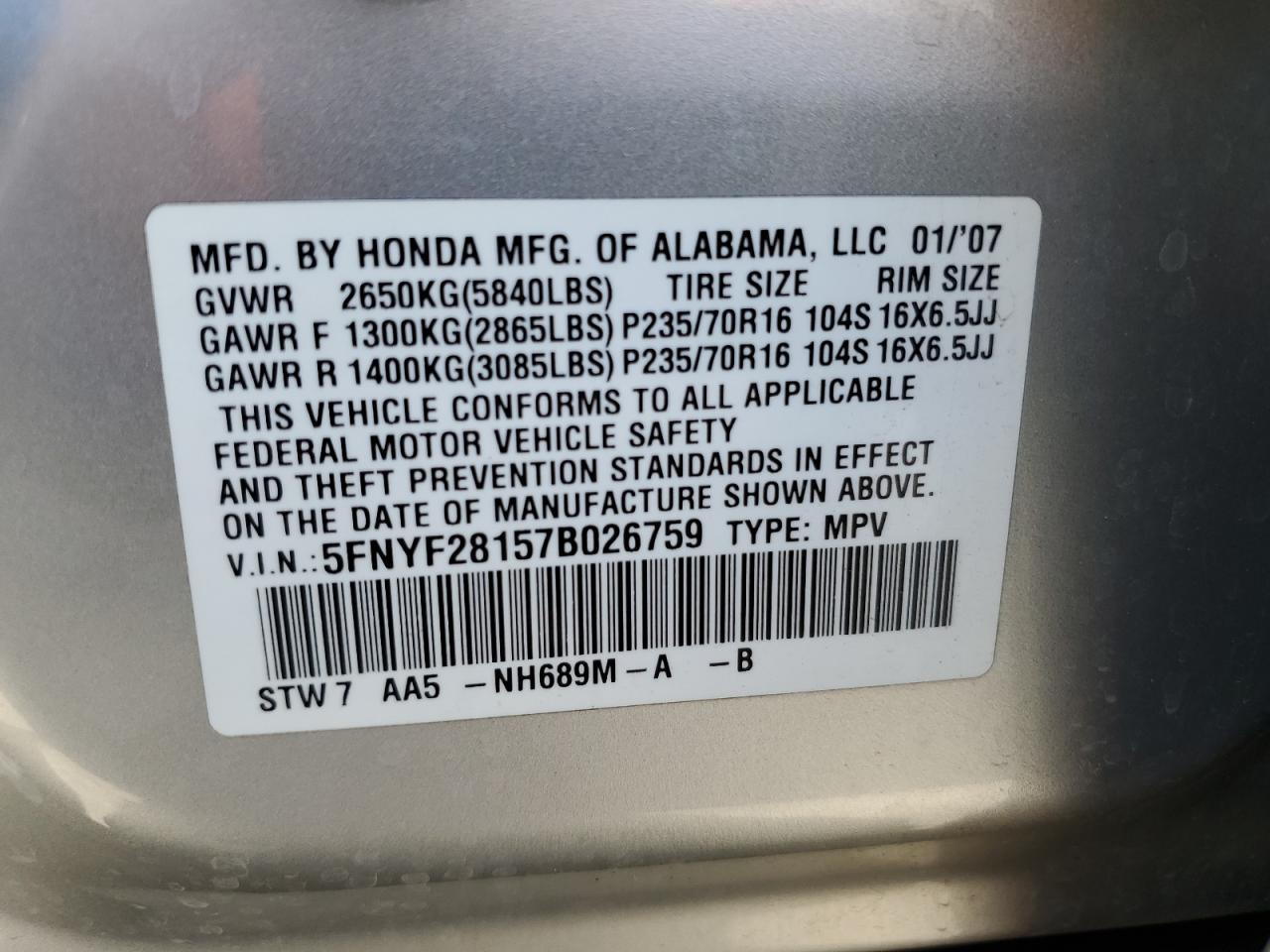 5FNYF28157B026759 2007 Honda Pilot Lx