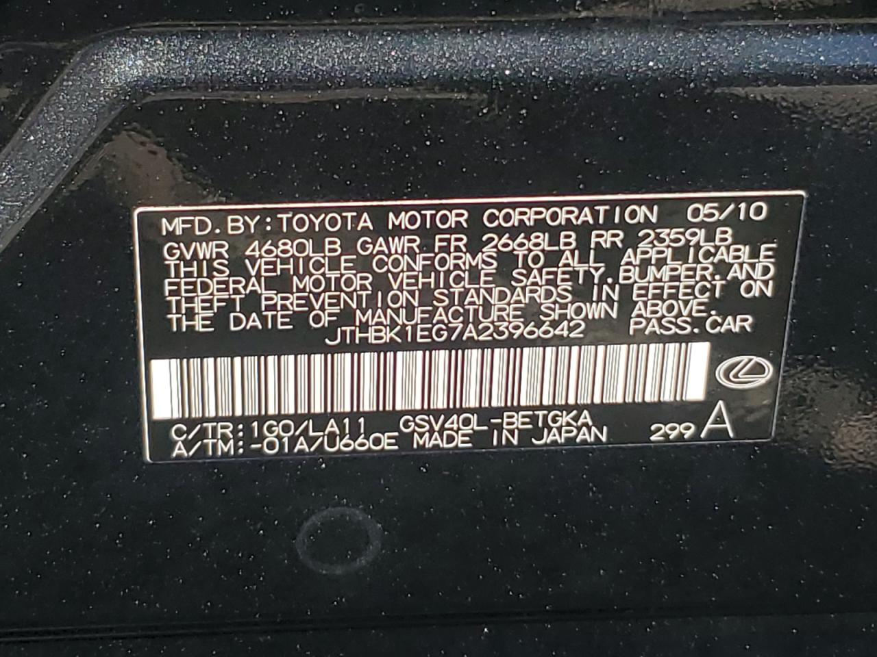 JTHBK1EG7A2396642 2010 Lexus Es 350