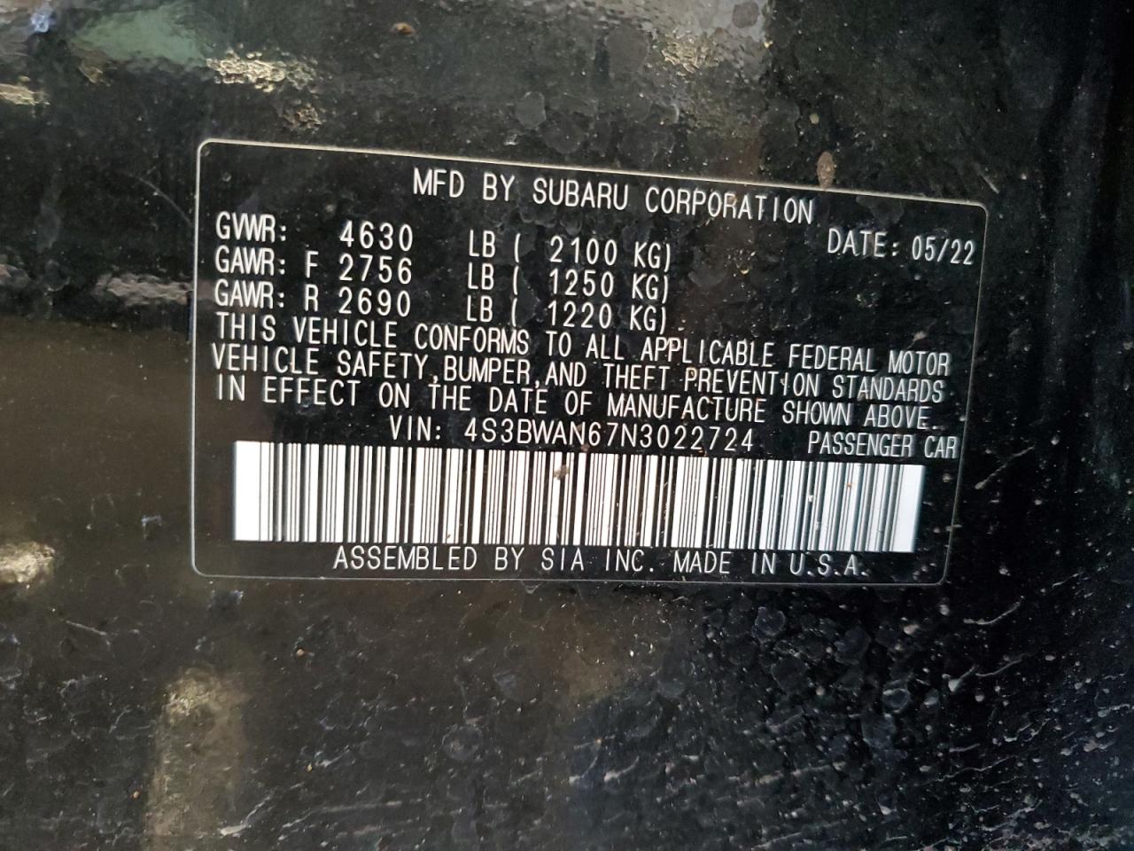 4S3BWAN67N3022724 2022 Subaru Legacy Limited