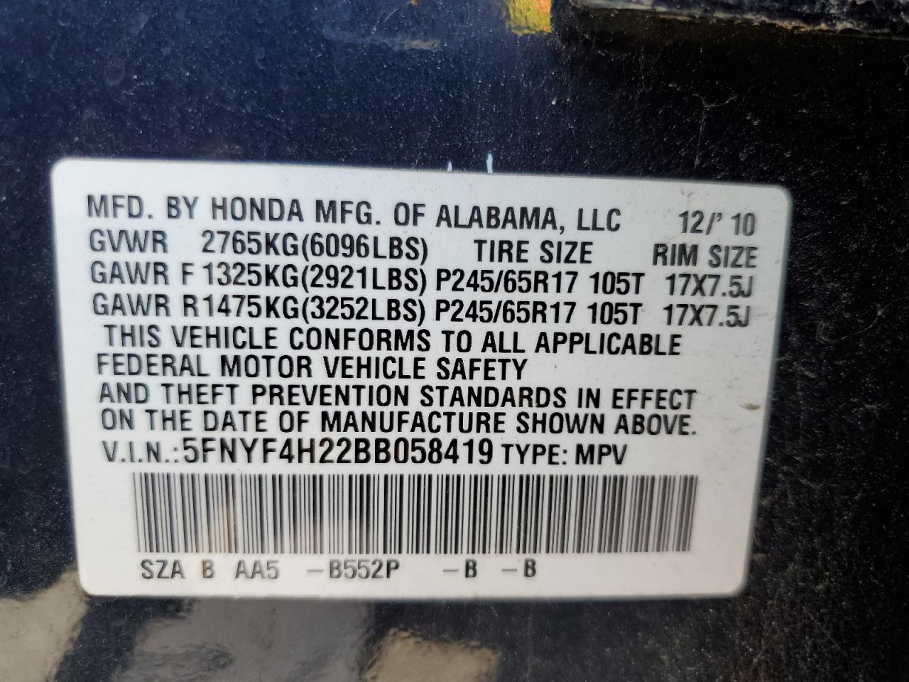 5FNYF4H22BB058419 2011 Honda Pilot Lx