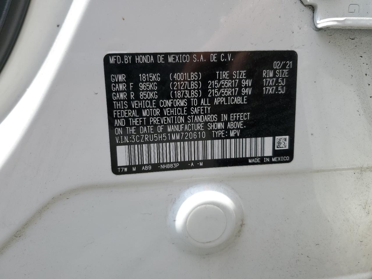 3CZRU5H51MM720610 2021 Honda Hr-V Ex