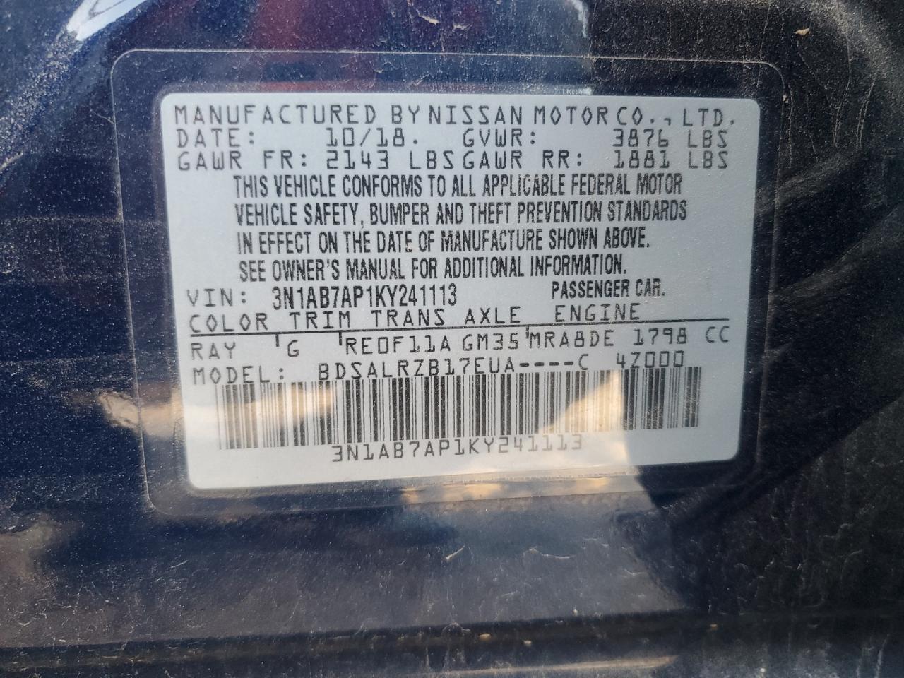 3N1AB7AP1KY241113 2019 Nissan Sentra S