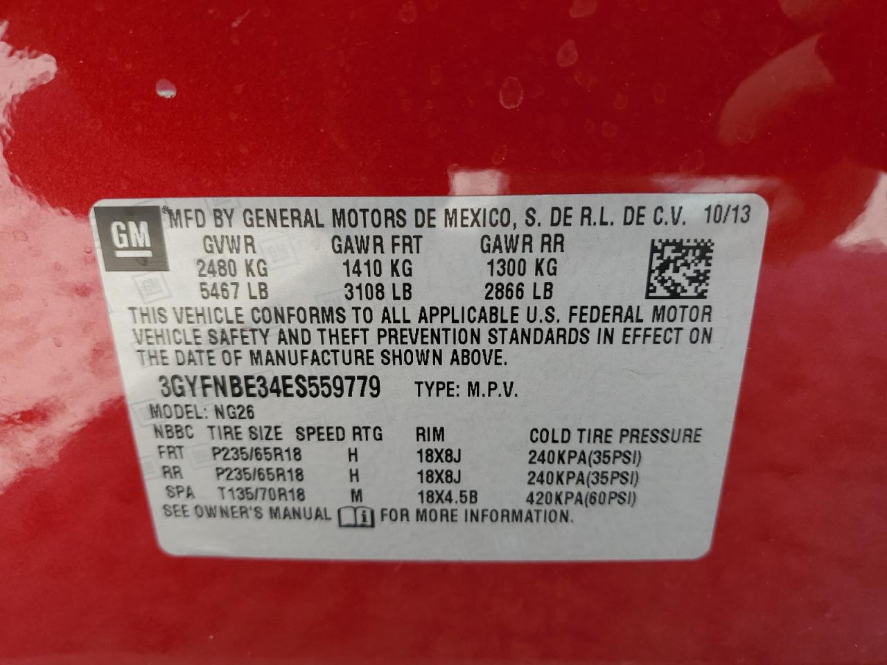 3GYFNBE34ES559779 2014 Cadillac Srx Luxury Collection