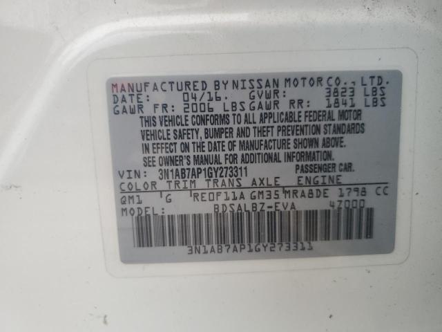 2016 Nissan Sentra S VIN: 3N1AB7AP1GY273311 Lot: 62570084