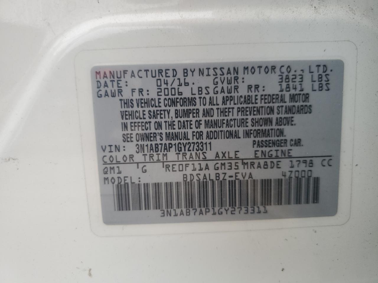 3N1AB7AP1GY273311 NISSAN SENTRA 2016