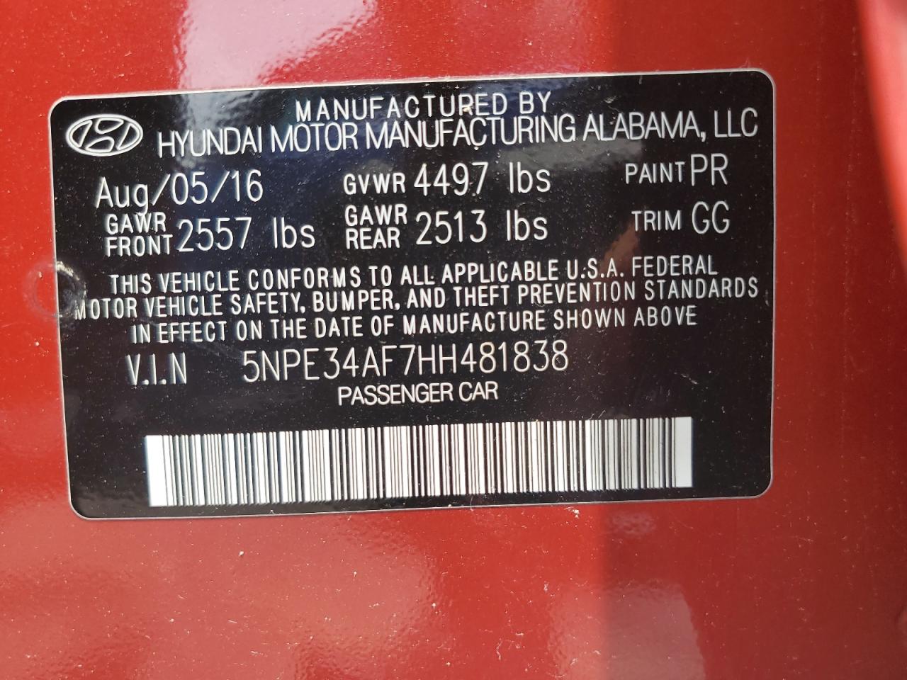 5NPE34AF7HH481838 2017 Hyundai Sonata Sport