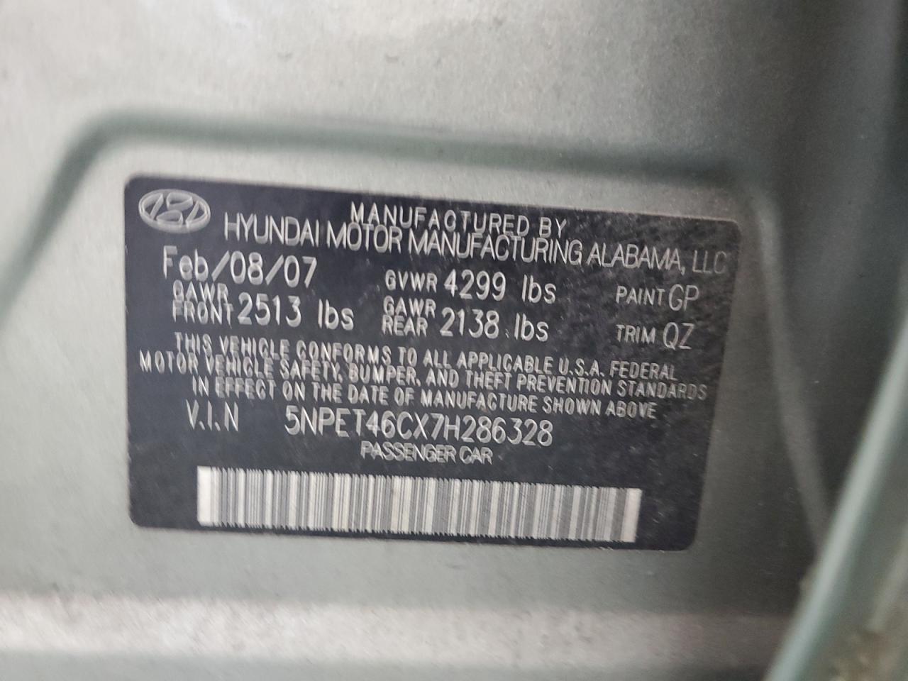 5NPET46CX7H286328 2007 Hyundai Sonata Gls