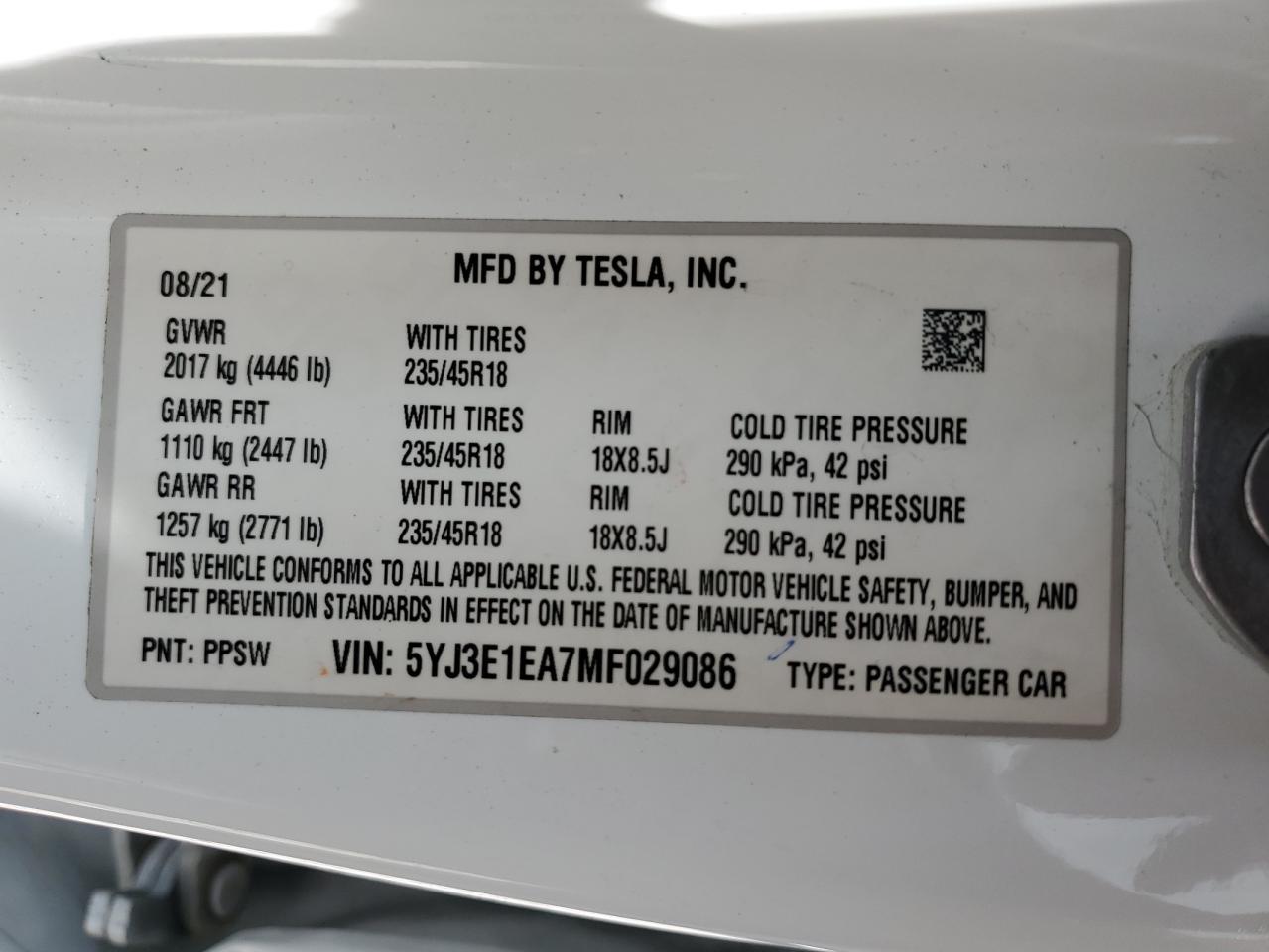 Lot #2786780510 2021 TESLA MODEL 3