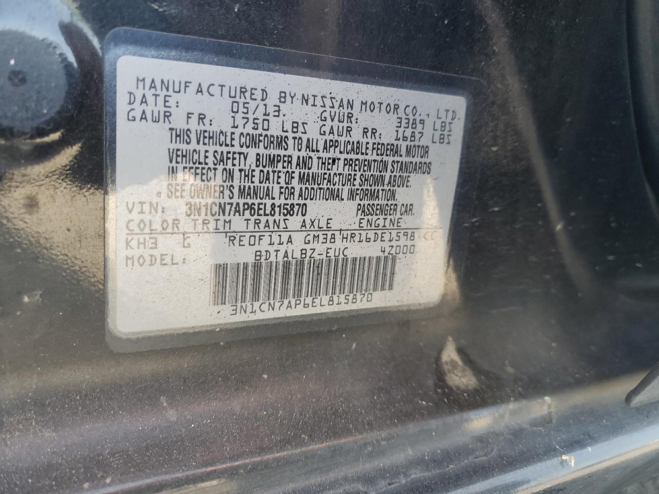 3N1CN7AP6EL815870 2014 Nissan Versa S