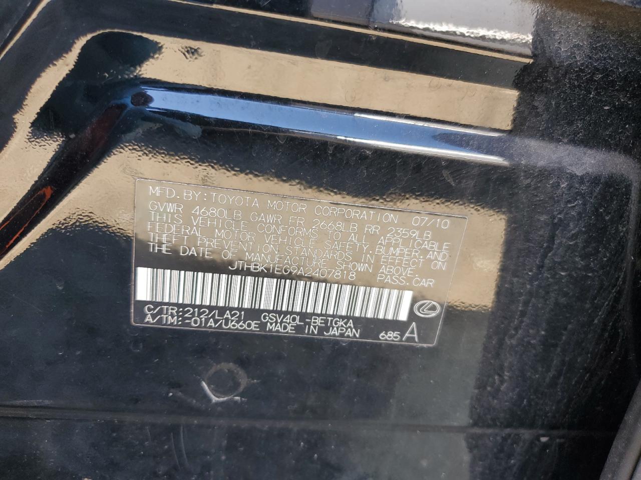 JTHBK1EG9A2407818 2010 Lexus Es 350