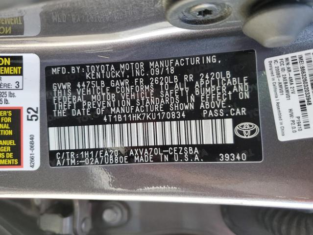 VIN 4T1B11HK7KU170834 2019 Toyota Camry, L no.12