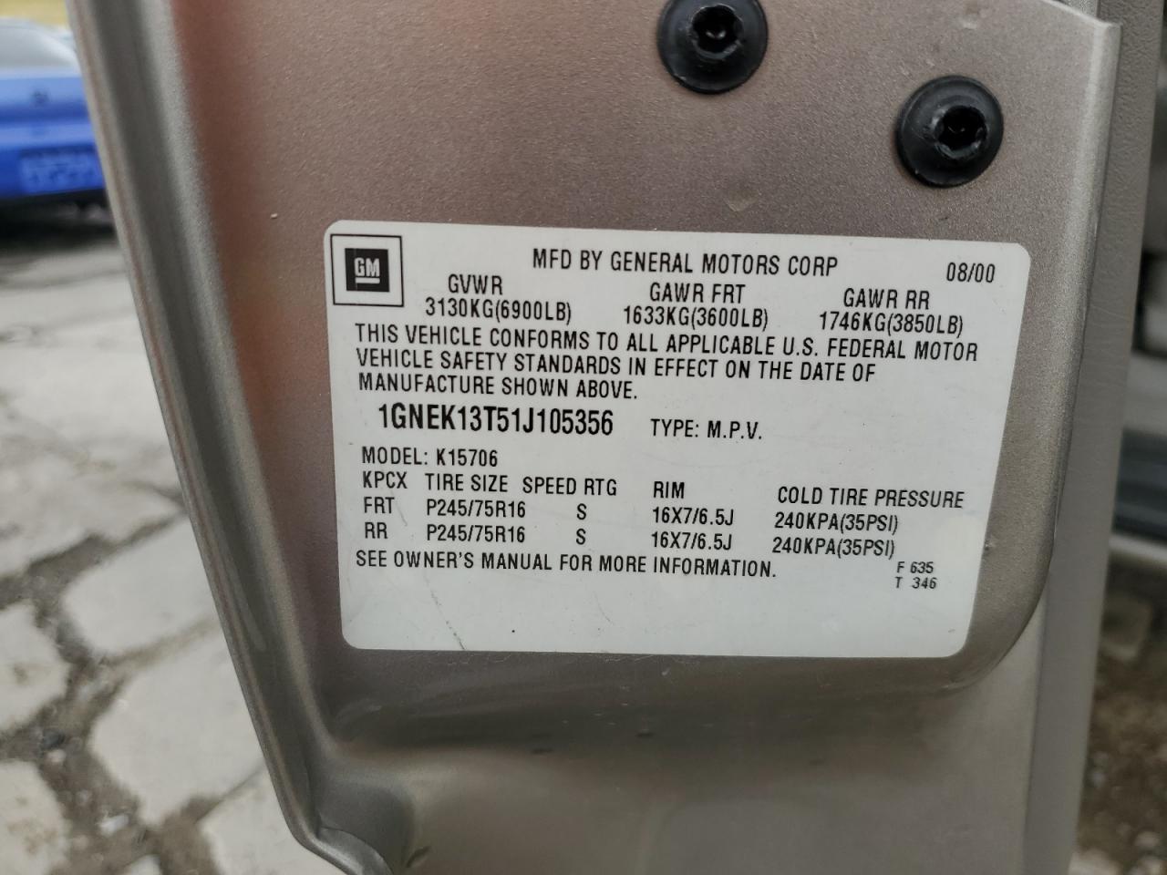 1GNEK13T51J105356 2001 Chevrolet Tahoe K1500