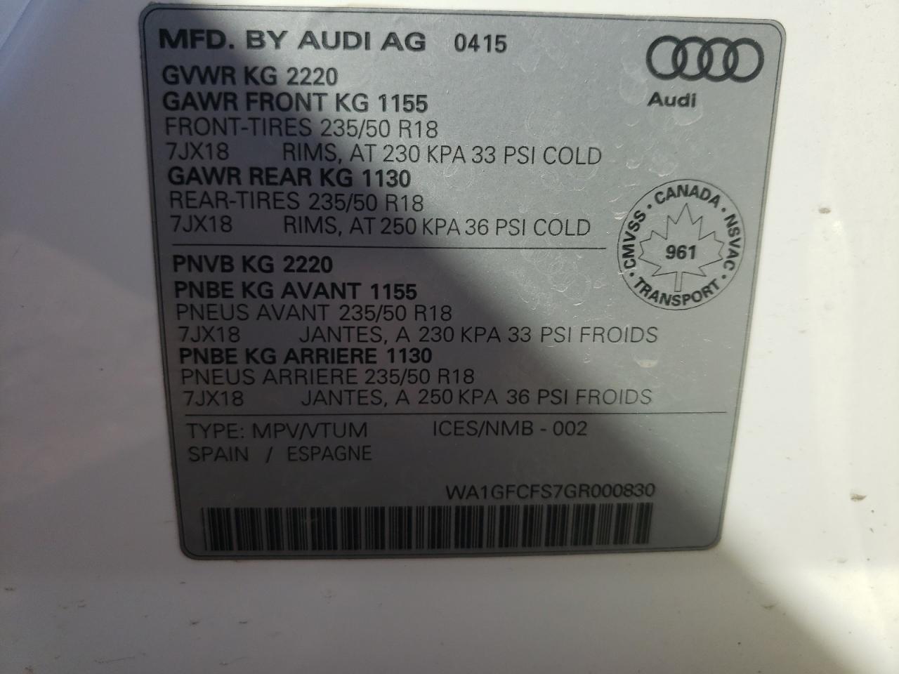 WA1GFCFS7GR000830 2016 Audi Q3 Prestige